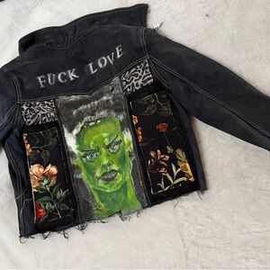 Mudd Black Artistic Jean Jacket with Floral and Graphic Design